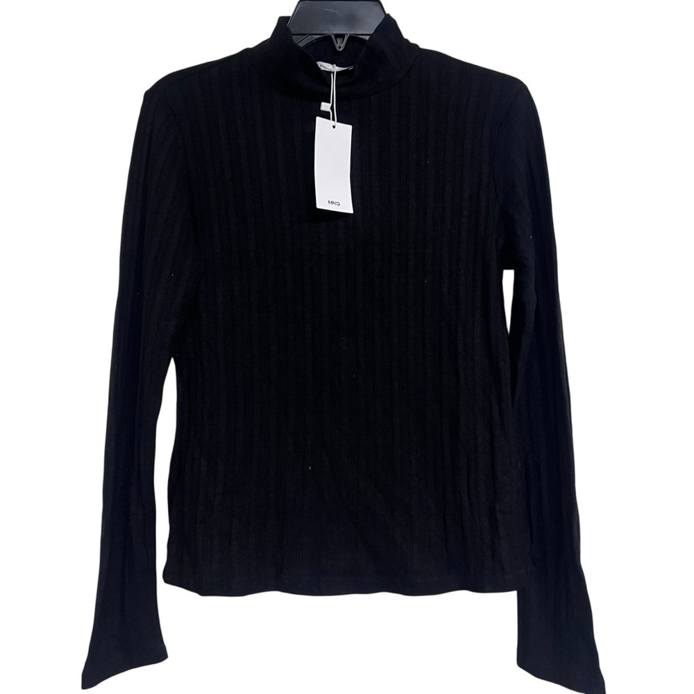 NWT‎ MNG by Mango Black Ribbed Long Sleeve Mock Neck Top Shirt Large Minimalist